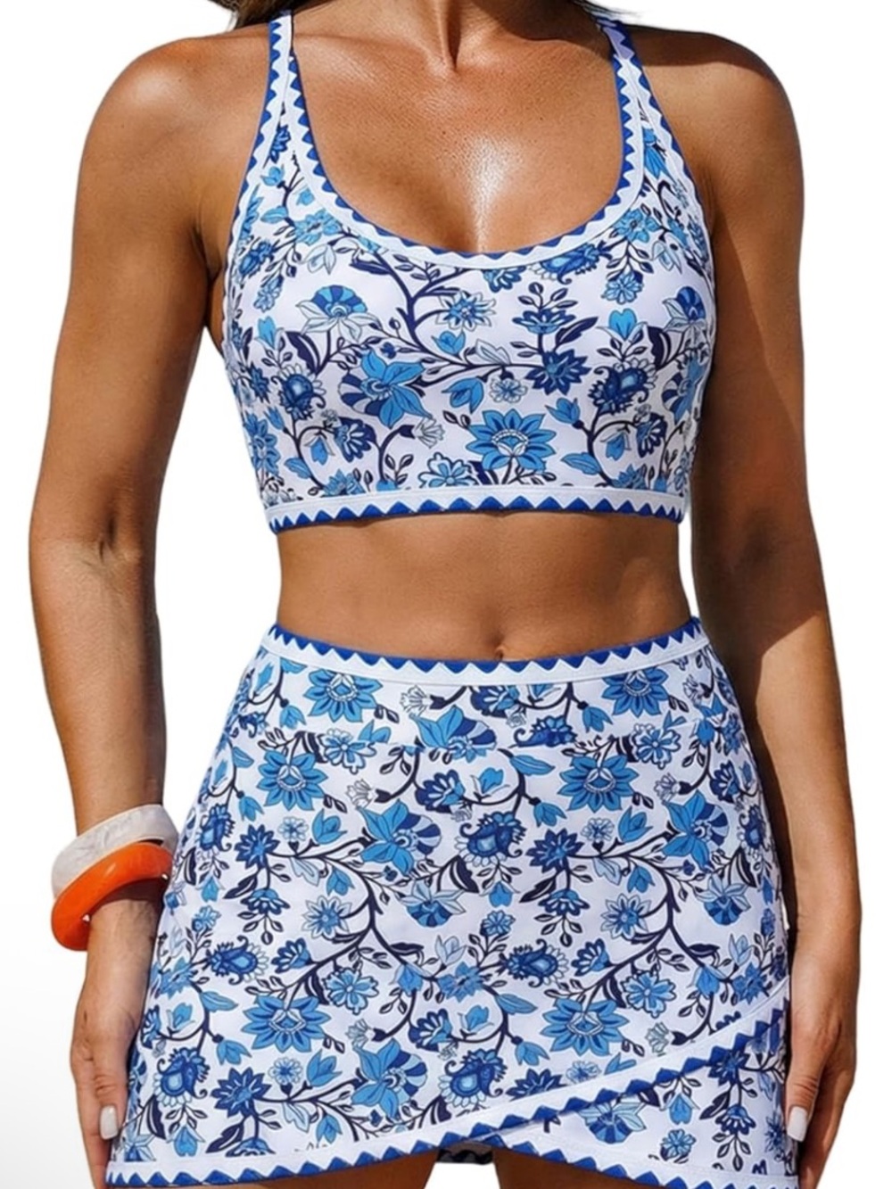 NWT Blue Floral Two-Piece Swim Top and Skirt Set S T92